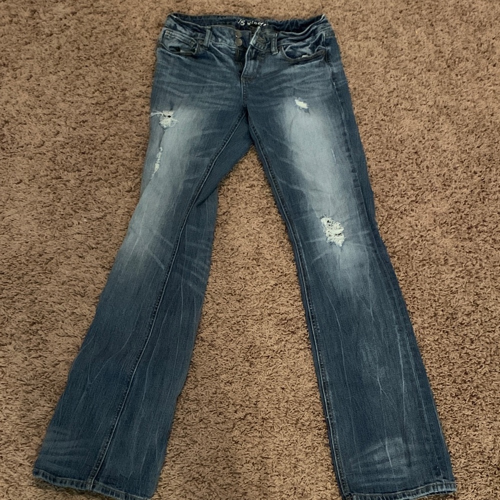 Silver Jeans Medium Blue Distressed Flare Jeans